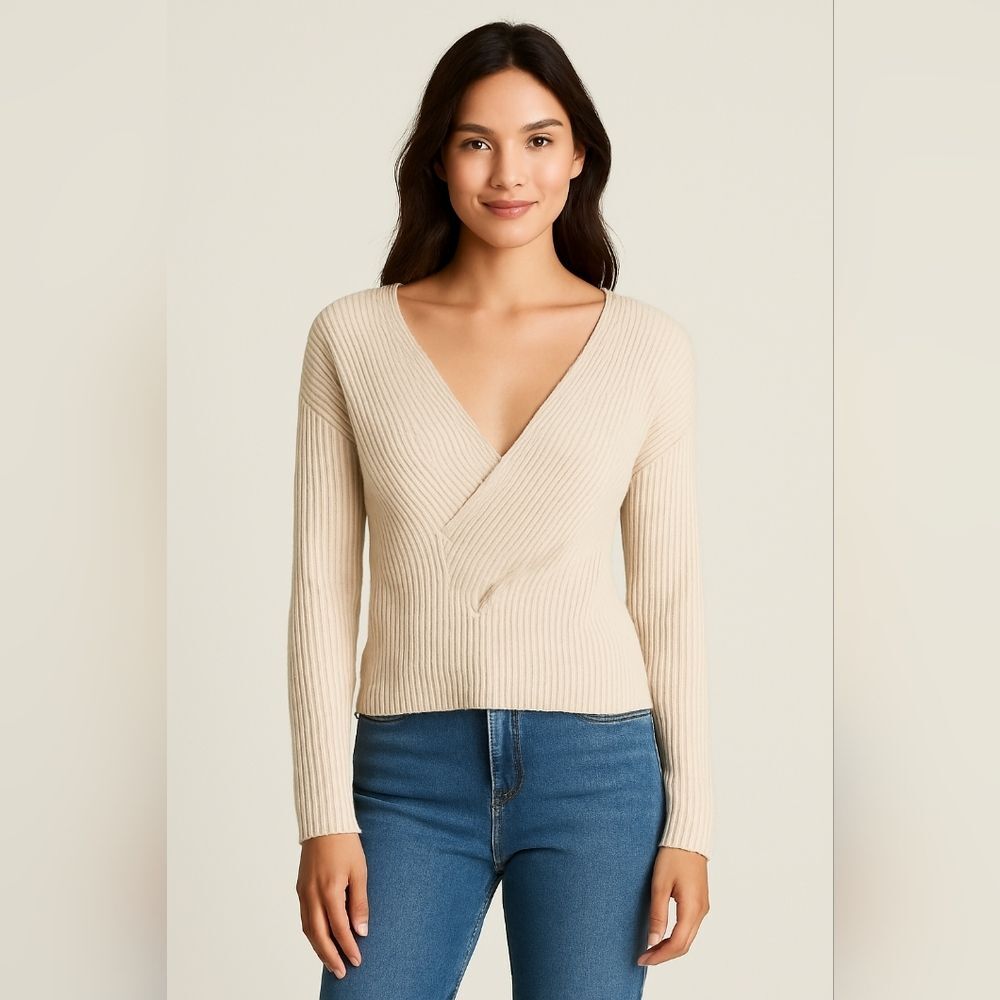 Ann Taylor Alpaca Wool Blend Beige Wrap Front Sweater – Size S